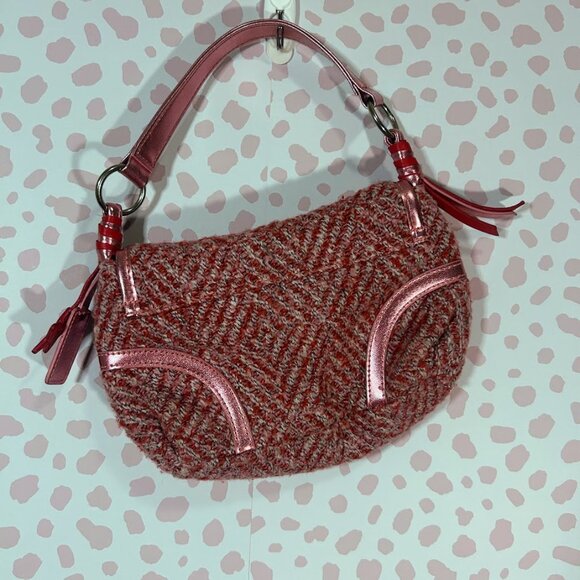 Y2K 90s Mini Bag Tweed Twill Striped Preppy Star Pink Latch Fringe Lined Purse - Picture 3 of 14
